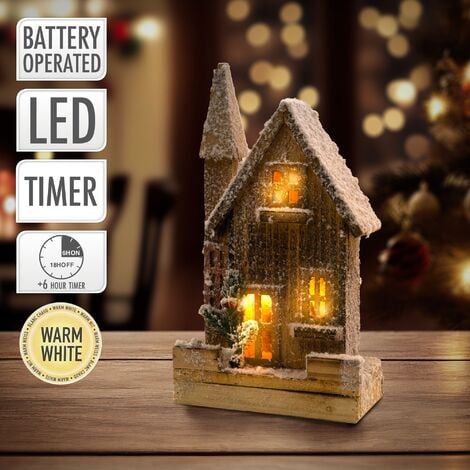 ECD 19x9x33 Timer, aus Warmweiß, mit mit Weihnachtshaus Deko Germany LED-Beleuchtung, Holz, cm, Braun, batteriebetrieben,