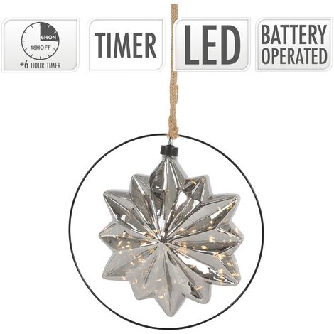 ECD Germany LED Weihnachtsstern, Ø18 cm, Grau, aus Metall, mit 40  warmweißen LEDs, 80cm Seil, Glasstern