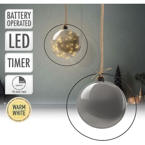 ECD Germany Seil, LED Grau, cm, Metall, Ø18 mit 80cm warmweißen Weihnachtskugel, aus 30 LEDs, Glaskugel