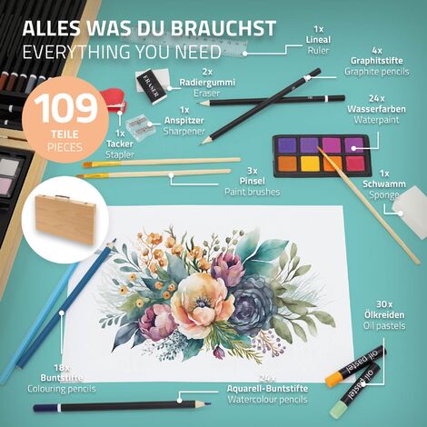 132-teiliges Kunst-Set – Mit Buntstiften, Aquarellfarben, Markern & Holzkoffer