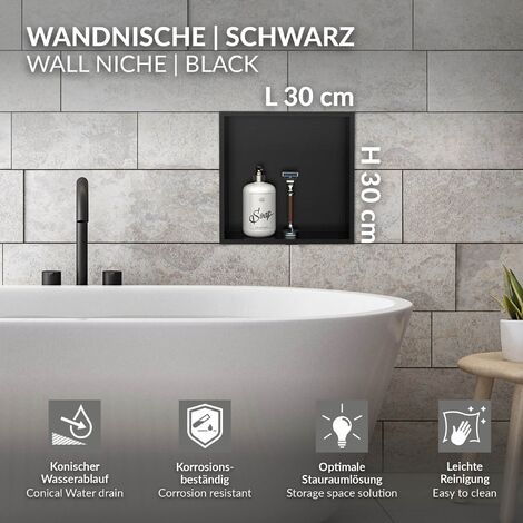 LuxeBath Wandnische aus Edelstahl, 30x30x10 cm, Schwarz, Duschnische mit Rahmen, Einbauregal, Flexibler Einbau, Befliesbare Nische für Badutensilien, Duschablage, Einzelregal Lagerung für Badezimmer