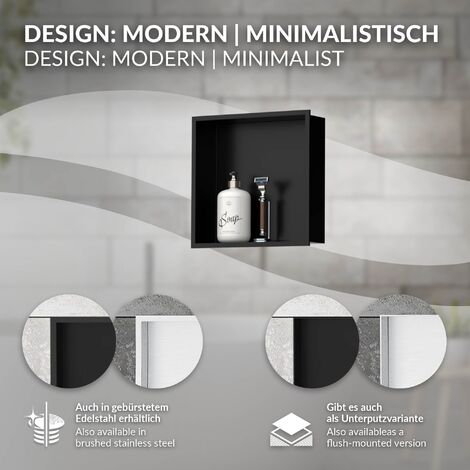 LuxeBath Wandnische aus Edelstahl, 30x30x10 cm, Schwarz, Duschnische mit Rahmen, Einbauregal, Flexibler Einbau, Befliesbare Nische für Badutensilien, Duschablage, Einzelregal Lagerung für Badezimmer