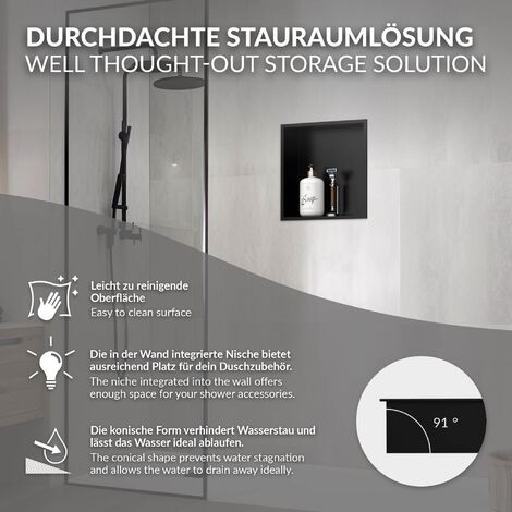 LuxeBath Wandnische aus Edelstahl, 30x30x10 cm, Schwarz, Duschnische mit Rahmen, Einbauregal, Flexibler Einbau, Befliesbare Nische für Badutensilien, Duschablage, Einzelregal Lagerung für Badezimmer