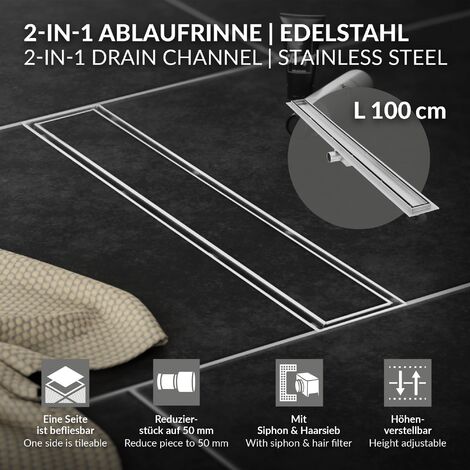 LuxeBath Duschrinne 80cm 2in1, Befliesbar, Extra Flach, Edelstahl, Silber, Doppelseitige