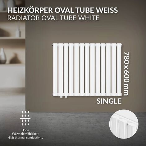 LuxeBath Paneelheizkörper Einlagig , 600x780 mm, Weiß, mit Seitenanschluss,  Horizontaler Heizkörper mit ovale Röhren, Wohnzimmer/Badezimmer Heizung
