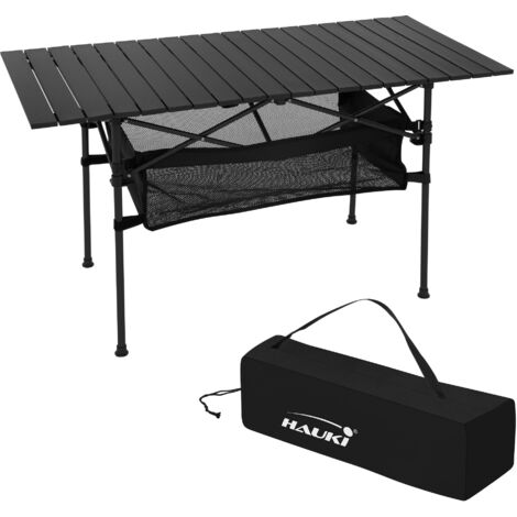 Hauki Campingtisch faltbar Schwarz, 118 x 55 x 64,5 cm, Aluminium Klapptisch, Aufrollbare Tischplatte, Falttisch klappbar, Gartentisch Balkontisch Reisetisch Rolltisch Markttisch inkl. Tragetasche