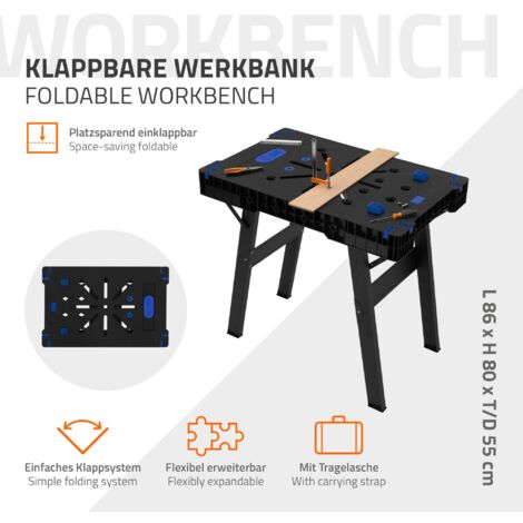 ECD Germany Inklapbare werkbank, 86x55x80 cm, uitschuifbare werkbank, belastbaar tot 150 kg, bedrukt met 2 meetschalen, groot werkoppervlak zaagtafel Werkplaatswerkbank met metalen poten en draaggreep ECD Germany Inklapbare werkbank, 86x55x80 cm, uitschuifbare werkbank, belastbaar tot 150 kg, bedrukt met 2 meetschalen, groot werkoppervlak zaagtafel Werkplaatswerkbank met metalen poten en draaggreep
