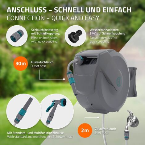 ECD Germany Tuinslanghaspel – 30m + 2m, Wandmontage, Met Automatisch Oprollen, 9 Sproeistanden En 180° Zwenkbaar