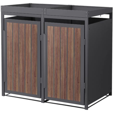ML-Design Mülltonnenbox 2er mit Pflanzdach, Mülltonnenverkleidung 2 Tonne, 240L, 132x80x124 cm, Anthrazit-Holzoptik, aus Stahl, wetterfest, Müllbox mit Tür, Mülltonnecontainer Mülltonnenabdeckung (1/5)