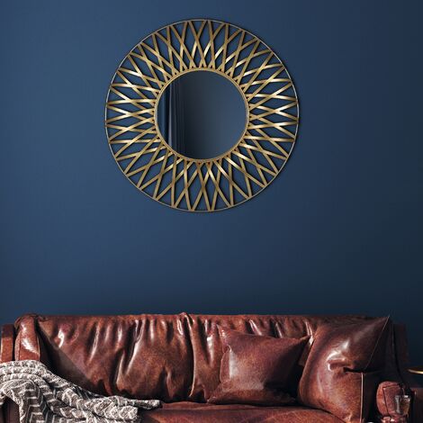 WOMO-DESIGN Wandspiegel Rundform, Ø 84cm, Gold, aus Glas mit Metallrahmen,  Moderner Dekospiegel Hängespiegel Flurspiegel Badspiegel Schminkspiegel  Frisierspiegel