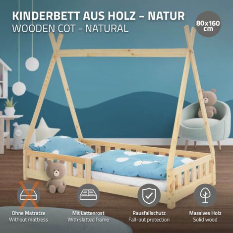 ML-Design Kinderbett Tipi 80x160 cm Natur mit Rausfallschutz und  Lattenrost, aus Kiefernholz, Indianer Bett fr Mdchen & Jungen, Hausbett  mit Zaun, Bodenbett Kinderhaus Jugendbett Spielbett Zelt