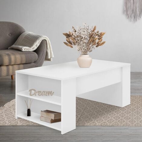Weiß, viel Fächern, 100x60x42 Couchtisch Holztisch Tisch 2 mit cm, Stauraum, Wohnzimmertisch Kaffeetisch Beistelltisch Sofatisch ML-Design