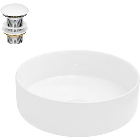 ECD Germany Design Waschbecken Waschtisch Ø 355 x 120 mm inkl. Ablaufgarnitur für Waschbecken ohne Überlauf Keramik Rund Weiß Aufsatzbecken Aufsatzwaschbecken Waschschale Aufsatzwaschtisch Spülbecken