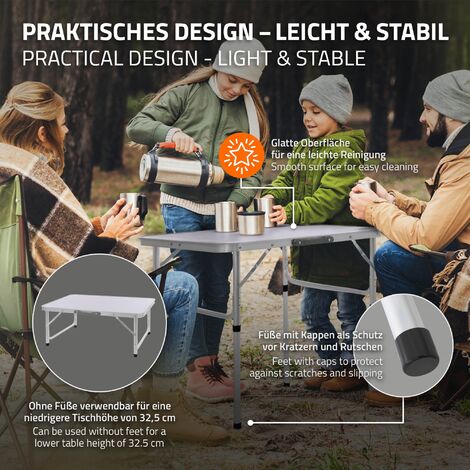 ML-Design Campingtisch aus Aluminium, Silber-Weiß 75x55x68/32,5 cm, Höhenverstellbarer Klapptisch, leicht, Tischplatte aus MDF, Faltbarer Gartentisch, Falttisch Picknicktisch Balkontisch Beistelltisch