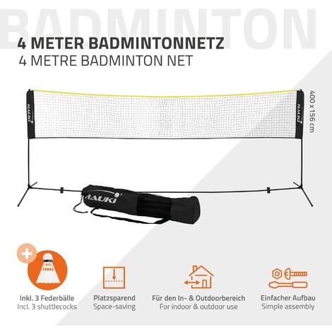Hauki Badmintonnetz Set mit Transporttasche, 4m, stabilem tragbar, Federball, 3 & Eisen-Gestell, Outdoor, Schwarz, Indoor