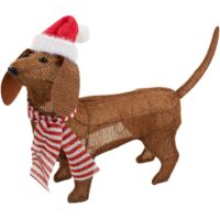 ECD Germany LED Dackel Weihnachtsdeko Innen mit Mütze und Schal, 60x43 cm, Batteriebetriebene Hund Figur mit 40 warmweißen LEDs und Timer, niedliche Hundefigur, Weihnachtsfigur Weihnachtsbeleuchtung