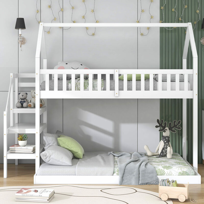 Letto a castello con scaletta e scivolo, struttura in pino massiccio, letto  per bambini con 2 cassetti nella scaletta, 90x200 cm, bianco OKWISH