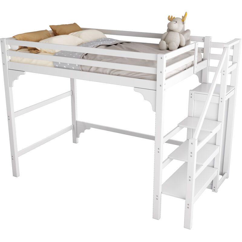 Letto A Soppalco 2 Posti 140x200 Cm - Con Scala, Spazio Archiviazione Sotto, Barriera Sicurezza, Nero, Per Bambini E Adulti