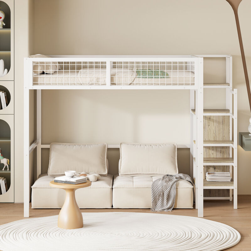 Moimhear Lettino A Soppalco In Pino Bianco Con Scrivania E 4 Ripiani - Letto Matrimoniale 140x200 Cm, Struttura Completa