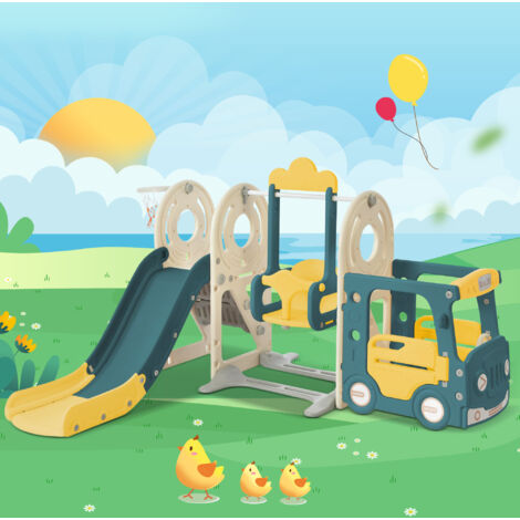 HOMCOM Scivolo 3 in 1 per Bambini con Altalena Regolabile, Canestro e Palle per Cameretta e Giardino, 152x149x107cm, Blu, Grigio, Giallo