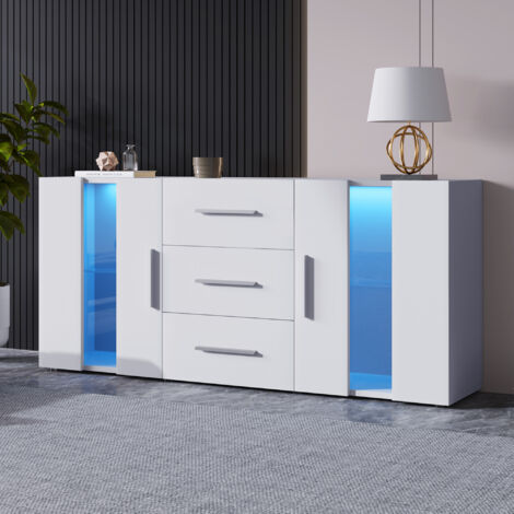 Credenza Bianca Lucida Con Luci LED - Mobile TV/Buffet 140 Cm Con Vetrina E Ripiani In Vetro - Foto 8