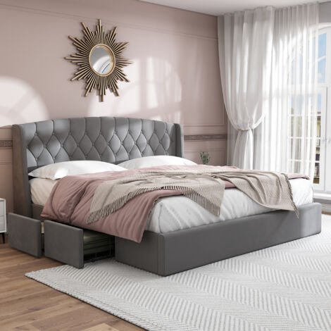 Letto Imbottito In Velluto, Cassetti In Robusta Rete Metallica, Letto Matrimoniale Con Rete A Doghe E 4 Cassetti Letto 180 X 200 Cm Senza Materasso Grigio Okwish 79082977