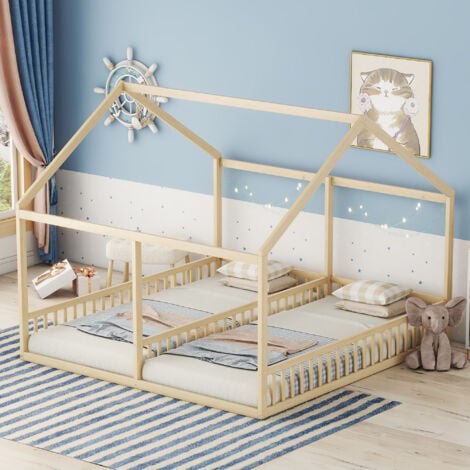 Letti singoli 90 x 200 cm, letti piani, modellini di case, letti per bambini, letti 2 in 1, naturali OKWISH