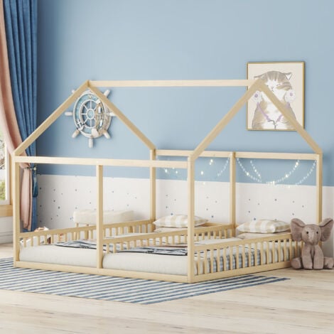 Letti singoli 90 x 200 cm, letti piani, modellini di case, letti per bambini, letti 2 in 1, naturali OKWISH