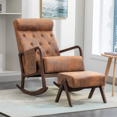 COOLMORE Sedia a Dondolo con Pouf, Poltrona a Dondolo Moderna in Tessuto Imbottita Mid-Century, Sedia a Dondolo per Cameretta con Cuscino Imbottito Spesso, Sedia a Dondolo con Schienale Alto per Soggi