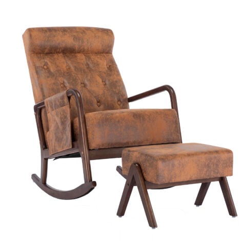 COOLMORE Sedia a Dondolo con Pouf, Poltrona a Dondolo Moderna in Tessuto Imbottita Mid-Century, Sedia a Dondolo per Cameretta con Cuscino Imbottito Spesso, Sedia a Dondolo con Schienale Alto per Soggi