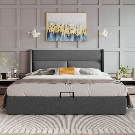 Letto matrimoniale imbottito con testiera regolabile, letti con contenitore, giroletto in materiale di lino, letto per ragazzi 160x200 con rete a doghe (senza materasso) OKWISH