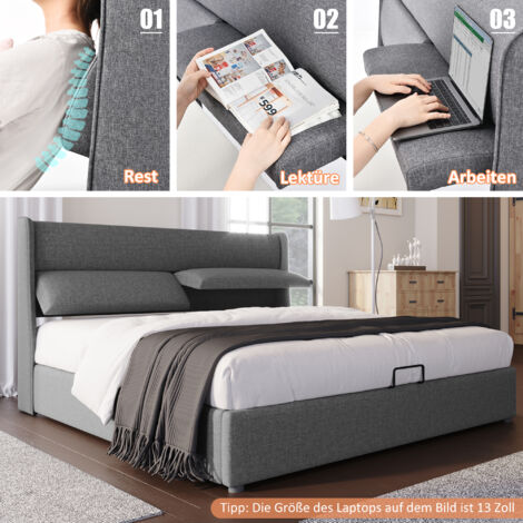 Letto matrimoniale imbottito con testiera regolabile, letti con contenitore, giroletto in materiale di lino, letto per ragazzi 160x200 con rete a doghe (senza materasso) OKWISH