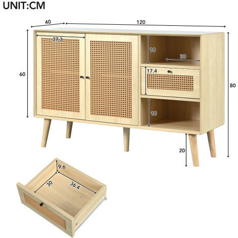 Cassettiera Merax con 2 ante in vimini rattan e 2 cassetti, credenza in legno, 60x40x120cm, rovere