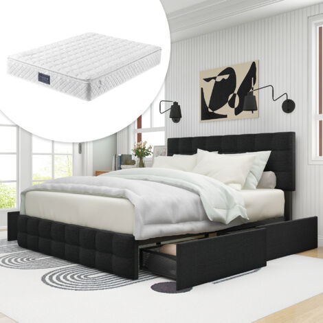 Struttura Letto Imbottita Con 4 Cassetti E Testiera Trapuntata, Beige, Doghe In Legno