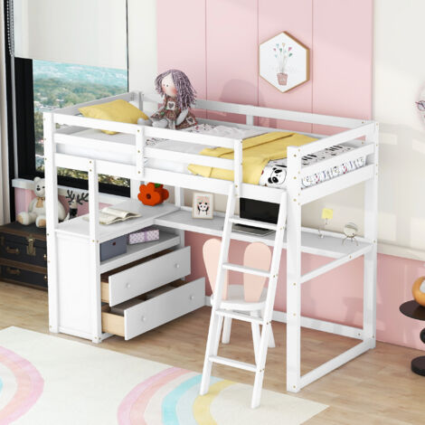 Letto a soppalco per bambini 90 x 200 con vani portaoggetti e scrittoio