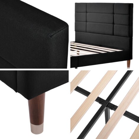 Letto imbottito, letto matrimoniale con rete a doghe, giroletto imbottito con testiera 140x200 cm, per adulti e ragazzi nero-senza materasso OKWISH
