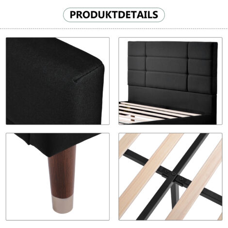 Letto imbottito, letto matrimoniale con rete a doghe, giroletto imbottito con testiera 140x200 cm, per adulti e ragazzi nero-senza materasso OKWISH
