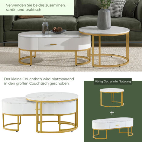 Set 2 Tavolini Da Salotto Rotondi Sovrapponibili - In Legno E Metallo, Colori Bianco E Oro, Misure 48,5x60 Cm E 35,5x40 Cm