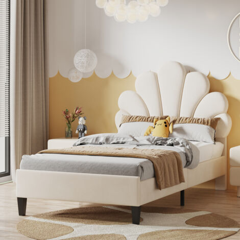 Letto imbottito per bambini 90 x 200 cm, giroletto con testiera a forma di fiore e rete a doghe, letto per ragazzi in tessuto di velluto delicato sulla pelle, letto per gli ospiti (colore: beige) OKWI