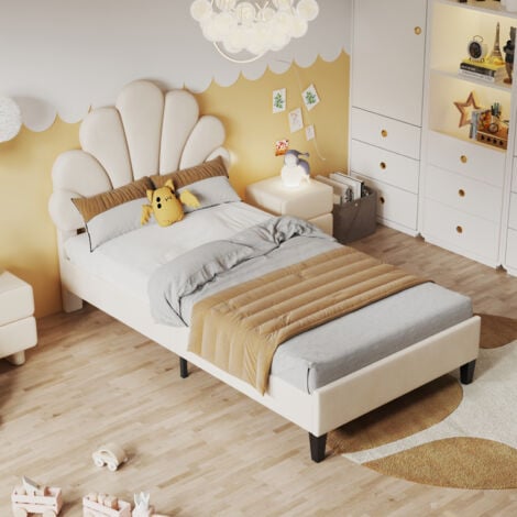 Letto imbottito per bambini 90 x 200 cm, giroletto con testiera a forma di fiore e rete a doghe, letto per ragazzi in tessuto di velluto delicato sulla pelle, letto per gli ospiti (colore: beige) OKWI