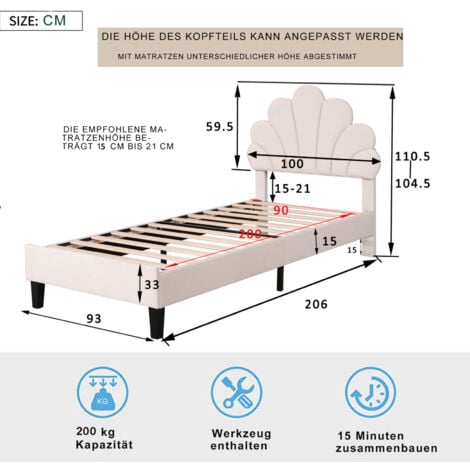 Letto imbottito per bambini 90 x 200 cm, giroletto con testiera a forma di fiore e rete a doghe, letto per ragazzi in tessuto di velluto delicato sulla pelle, letto per gli ospiti (colore: beige) OKWI