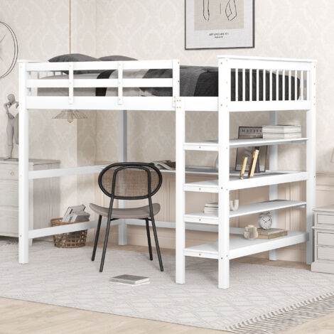Letto a soppalco per bambini 140 x 200 con vani portaoggetti e scrittoio sottoletto, bianco OKWISH
