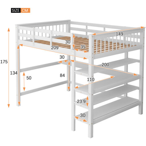 Letto a soppalco per bambini 140 x 200 con vani portaoggetti e scrittoio sottoletto, bianco OKWISH