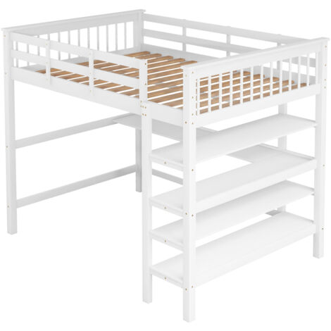 Letto a soppalco per bambini 140 x 200 con vani portaoggetti e scrittoio sottoletto, bianco OKWISH