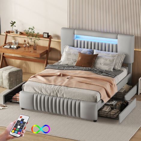 KIMENICH Letto con Illuminazione a LED, Letto Matrimoniale, 140 x 200 cm, Lettos Imbottito, Testiera con Vano Portaoggetti, Bianca
