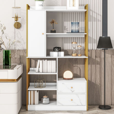 Libreria, 6 ripiani, ripiani verticali con ante e cassetti, ripiani industriali, ripiani in acciaio, marmorizzato bianco con cornice oro