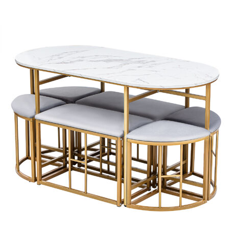 Set Tavolo Da Pranzo Moderno Con 6 Sgabelli | Bianco E Oro, Struttura Acciaio | 140x70x76 Cm, Portata 120 Kg