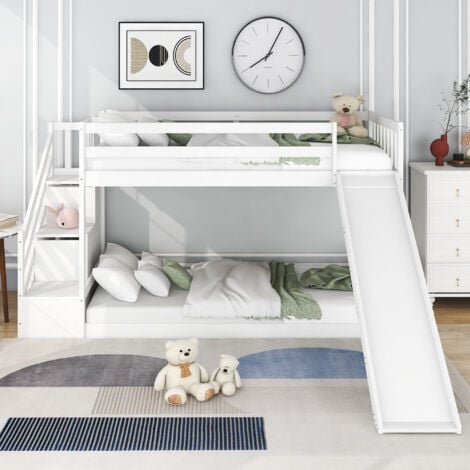 Letto a castello con scaletta e scivolo, struttura in pino massiccio, letto  per bambini con 2 cassetti nella scaletta, 90x200 cm, bianco OKWISH