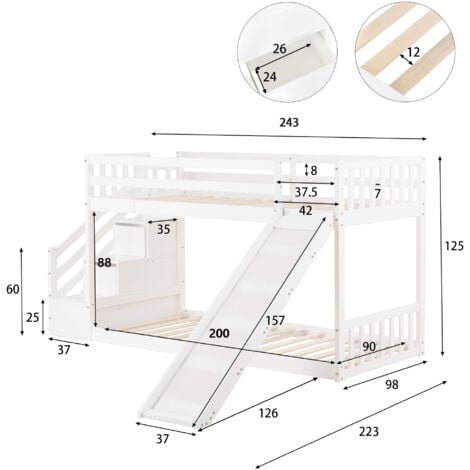 Letto a castello con scaletta e scivolo, struttura in pino massiccio, letto  per bambini con 2 cassetti nella scaletta, 90x200 cm, bianco OKWISH