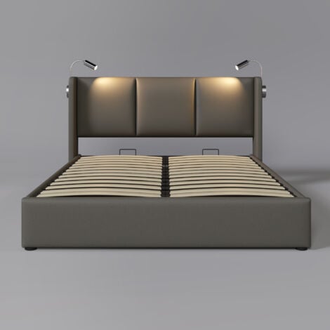 Letto imbottito letto matrimoniale contenitore letto box luce da lettura con funzione di ricarica USB testiera, letti con contenitore giroletto PU letto per ragazzi 140x200 con rete a doghe (senza mat